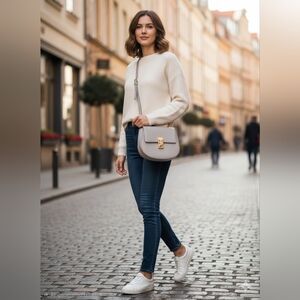 Express Grey Pebbled Texture Faux Leather Crossbody Gold Accent Chain